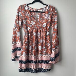 Abercrombie and Fitch Orange Pattern Bell Sleeve Dress Size Small